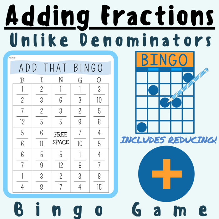 Adding Fractions With Unlike/Different Denominators (and Reducing) BINGO GAME; For K-5 Teachers and Students in the Math Classroom | The Storepaperoomates Retail Market - Fast Affordable Shopping