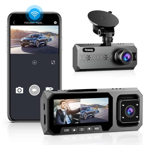 Dual Dash Cam WiFi with App, FOCUWAY 1080P Front and 1080P Inside Dash Camera for Cars, IR Night Vision Dashboard Camera, 3.16” LCD Screen, Parking Monitor, Type-C Port (SD Card Not Included)