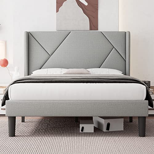 iPormis Full Size Platform Bed Frame with Wingback, Geometric Upholstered Bed Frame with Headboard, Wood Slats Support, No Box Spring Required, Light Grey
