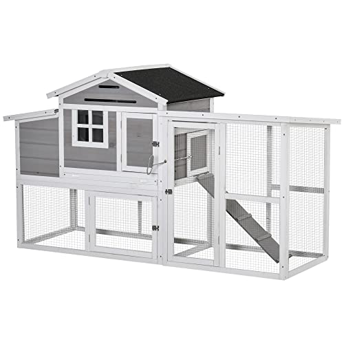 PawHut 76″ Wooden Chicken Coop, Outdoor Chicken House Poultry Hen Cage with Outdoor Run, Nesting Box, Removable Tray and Lockable Doors, Grey