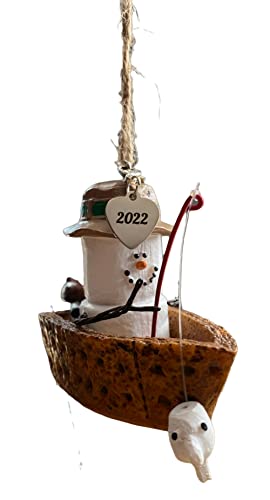 Smores Marshmallows Fishing Person in a Boat Dated 2022 Snowman Ornaments Everyday Holiday Christmas Tree Mantel Décor Gifts Decorations in White Gift Box