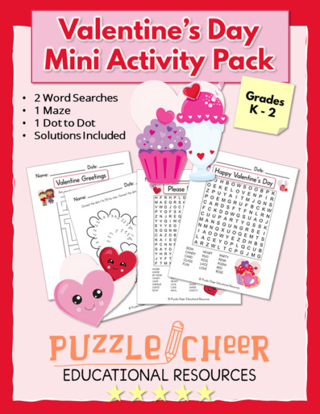Valentine’s Day Pack | Word Searches, Maze and Dot-To-Dot Activity for K – 2