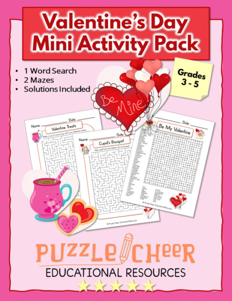 Valentine’s Day Mini Activity Pack | Word Search and Mazes for Grades 3 – 5