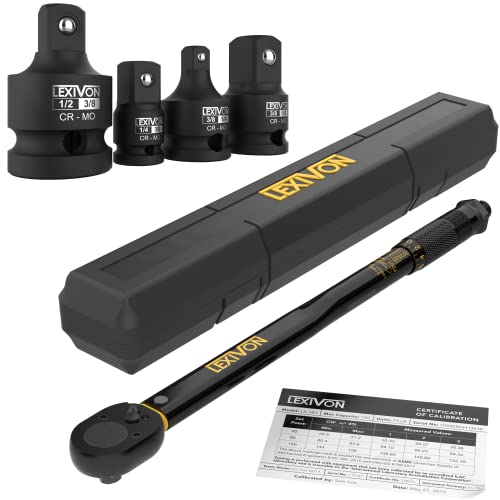 LEXIVON 1/2-Inch Drive Click Torque Wrench 10~150 Ft-Lb/13.6~203.5 Nm + Impact Socket Adapter and Reducer 4-Piece Set | 1/4″ – 3/8″ – 1/2″