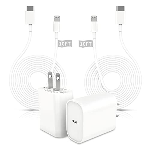 AONISHI [Apple MFi Certified] iPhone Fast Charger, 2Pack 20W PD USB C Wall Power Adapter with 2 Pack 10FT Extra Long to Charging Data Sync Cable for 13 12 11 XS XR X 8 iPad White XHD-PD20W