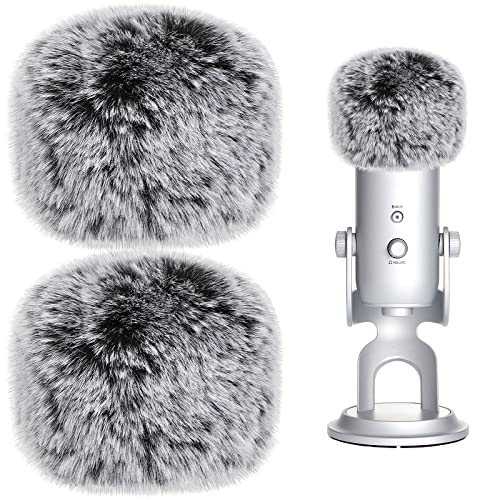 Microphone Furry Windscreen Muff 2 Pieces Grey Mic Wind Cover Fluffy Mic Cover Fuzzy Microphone Pop Filters Compatible with Blue