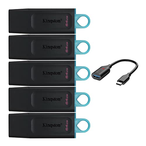 Kingston 64GB USB 3.2 DataTraveler Exodia Flash Drive (5-Pack) with USB-C Adapter Bundle (6 Items)