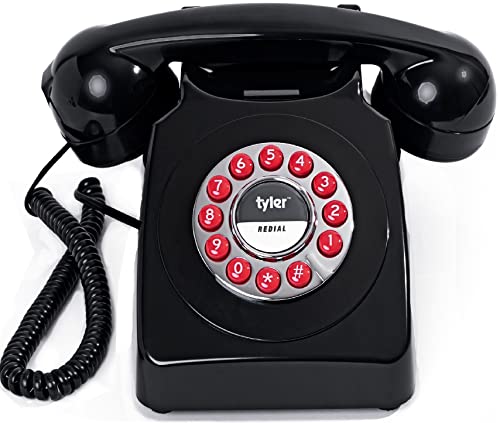 Tyler Retro Style Landline Phone, Push Button Rotary Look, Large Button Vintage Corded Phone, Power Outage Safe, Redial Button, Old Classic Retro Phone (Black)