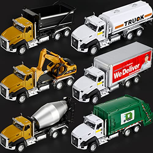 6 Packs Diecast Engineering Construction Transport Vehicles Truck Toys Set 1:50 Scale Pull Back Metal Model Car Garbage Truck Tanker Truck Delivery Truck Dump Truck Digger Truck Mixer Truck for Boys