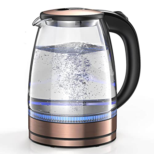 Electric Kettle, 1.7L Glass Electric Tea Kettle (BPA Free) With Auto Shut-Off & Boil-Dry Protection, Cordless Fast Boiling & Portable Water Boiler Stainless Steel Lid and Bottom-Metal-（Gold）