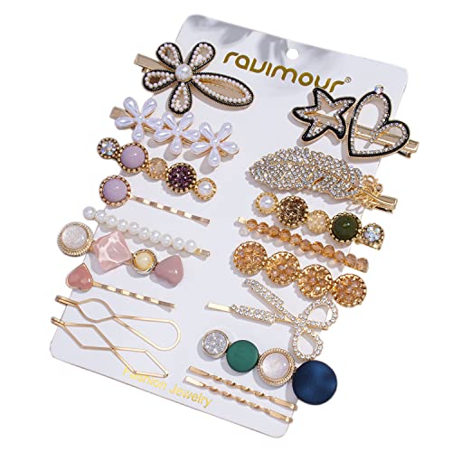 RAUIMOUR 18pcs Hair Clip Set Women Hair Accessories Crystal Beads Hairpins Rhinestone Starfish Feather Acrylic Geometric Heart Barrettes for Girls Trendy Gold Metal Pearl Flower Headwear Styling Tools