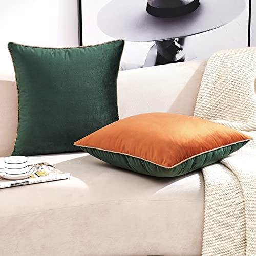 Decorative Throw Pillow Covers, Set of 2 (18” x 18”) Soft Velvet Modern Double-Sided Designs, Farmhouse Decorative Cushion Cases with Weaving Twine Edges for Home Decor, Orange Dark Green
