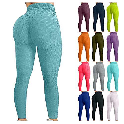 Women’s Ruched Butt Lifting High Waist Yoga Pants Tummy Control Stretchy Workout Leggings Textured Booty Tights(01#Mint Green,Large)