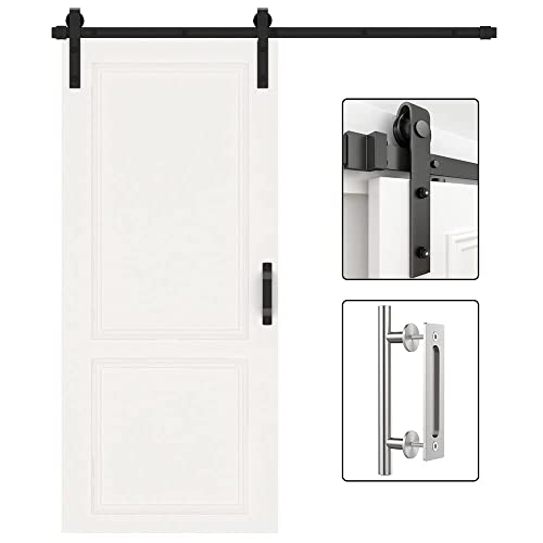 WINSOON 6.6FT Single Sliding Barn Door Hardware Roller Track Kit with Handles Brushed Nickel with Sliding Barn Door Handles Brushed Nickel