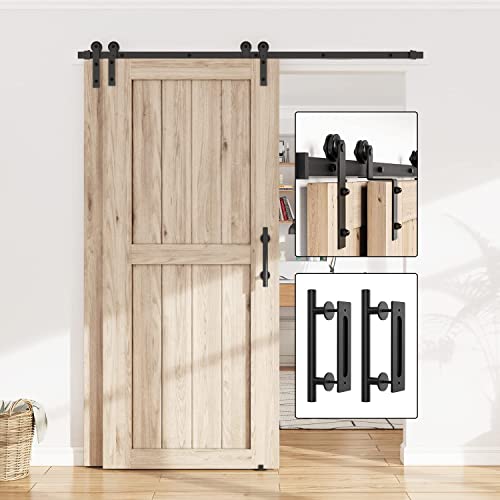 WINSOON 10FT Single Track Bypass Sliding Barn Door Hardware Kit for Double Doors with 2PCS 12 Inch Sliding Barn Door Handles Black Hardware