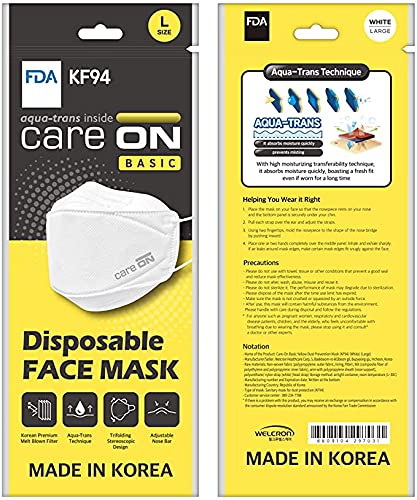 [20 Pack] CARE ON [White] KF94 Certified | 4-Layers Face Safety Mask for Adult