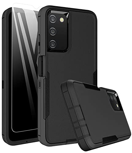 Dahkoiz for Samsung Galaxy A03S Case, with Tempered Glass Screen Protector and Dust Proof Port Cover, Full Body Protection Rubber Cover Phone Case for Samsung Galaxy A03S/A02S, Black/Black