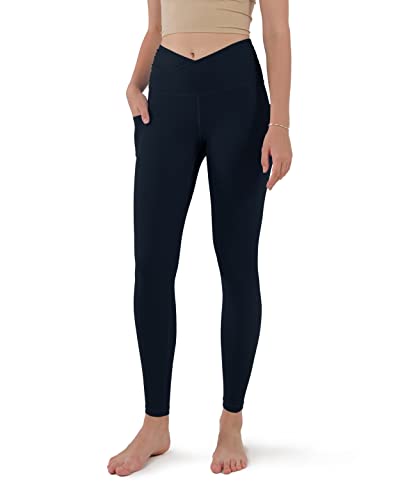 ODODOS Women’s Cross Waist Yoga Leggings with Side Pockets, Non-See Through Workout Running Tights Athletic Pants,Deep Navy, Large