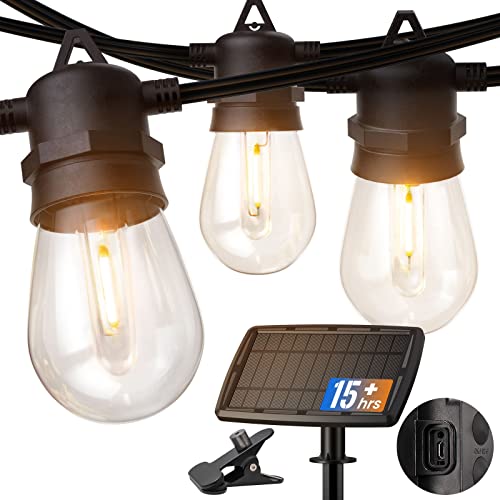 addlon 52(48+4) FT Solar String Lights Outdoor Last 15+Hrs Solar Patio Lights with 16 LED Edison Bulbs IP65 Waterproof Shatterproof Hanging Lights Ambience for Garden Backyard Bistro