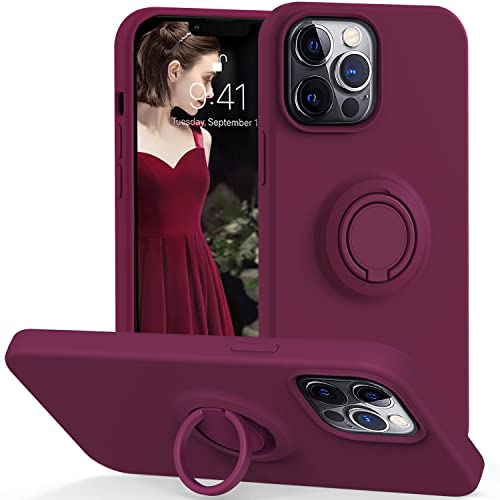 CHEZEAL for iPhone 12/iPhone 12 Pro Case with Ring Kickstand,Support Magnetic Car Mount,Full Body Liquid Silicone Shockproof Slim Fit Phone Case for iPhone 12/12 Pro 6.1 inch – Wine Red
