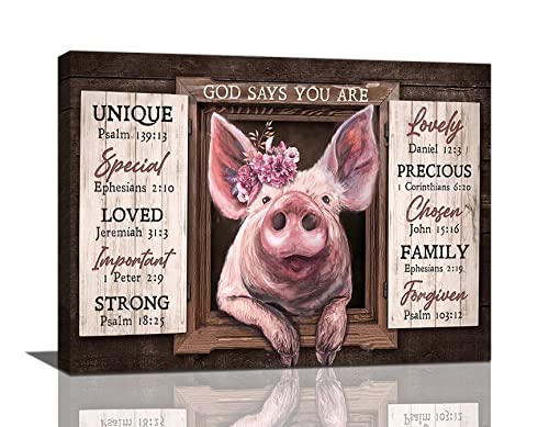 Pink Pig Canvas Wall Art Cute Funny Piggy Pictures God Says You Are Painting Rustic Farmhouse Wall Decor Modern Framed Prints Artwork Home Bathroom Bedroom Living Room Kitchen Office Decor 16″x12″