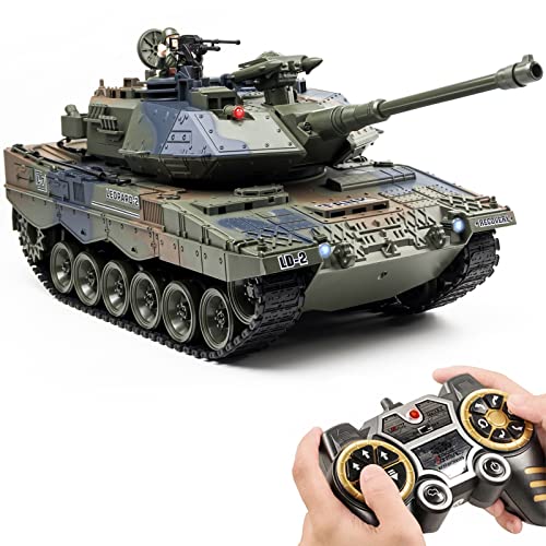 Supdex RC Tanks, 1:18 Scale German Leopard Army 2.4G Remote Control Tank Toys with Vibration Smoke Launch Bullets, 30 Mins Playtime Battle Tank Military Toys Vehicles for Boys Girls and Adults