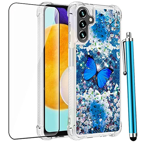CAIYUNL for Samsung Galaxy A13 5G Case with Glass Screen Protector, Glitter Bling Floating Liquid Sparkle Cute Women Girls Soft TPU Protective Phone Cover for Samsung Galaxy A13 5G -Blue Butterfly