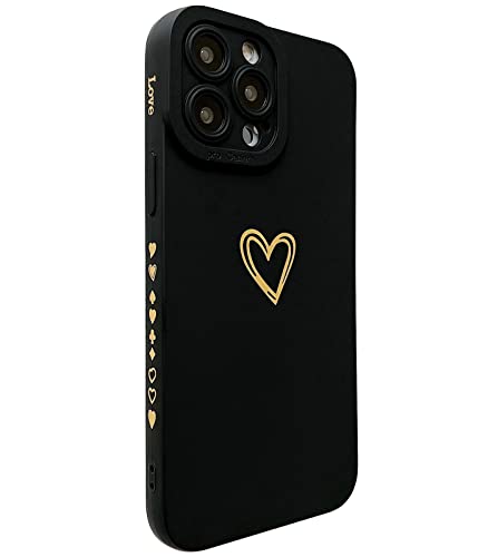 Qokey for iPhone 13 Pro Max Case(2021 6.7″), Side&Back Cute Plated Love Heart with Anti-Fall Lens Cameras Cover Protection Soft TPU Shockproof Anti-Fingerprint Phone Cases for Women Girls Men,Black