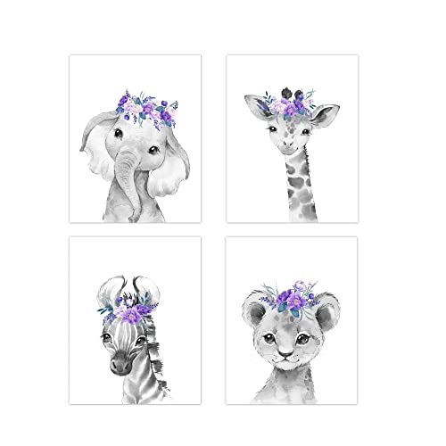 Baby Girl Nursery Wall Art Purple Teal Floral Safari Animals Elephant Giraffe Lion Zebra Room Decor 4 UNFRAMED PRINTS