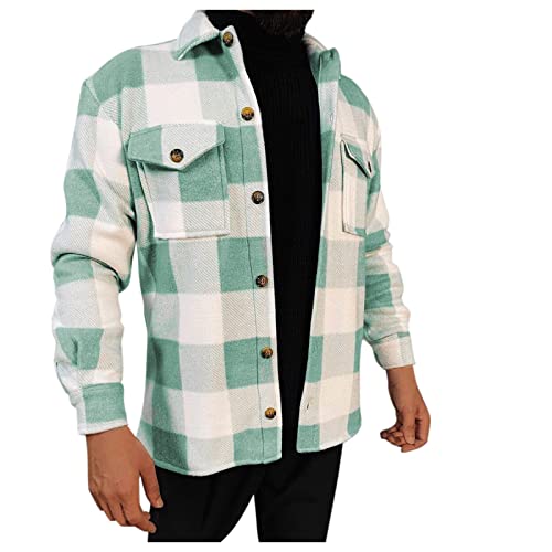 Plaid Jacket for Men,Mens Flannel Plaid Shackets Lapel Button Down Pocketed Long Sleeve Shirt Jackets Green Plaid Shirt Men