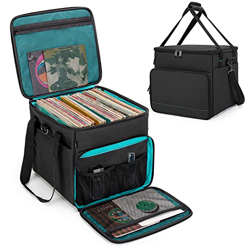 LoDrid Vinyl Record Carrying Bag with Bottom Padded Pad, Album Storage Case with 2 Detachable Dividers Holds up to 60 LP Records, for Travel and Collection, Patented Design, Bag Only, Black
