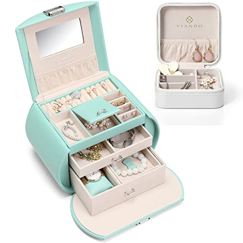 Vlando Princess Style Jewelry Box(Green)+Macaron Small Travel Jewelry Box(White)
