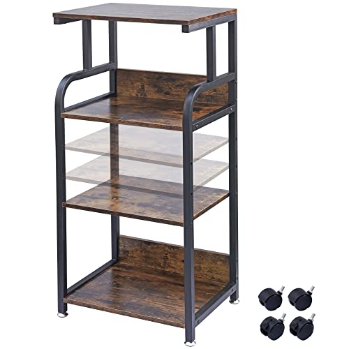 Fannova 4 Tier Printer Stand with Adjustable Storage Shelf, Large Tall Printer Table with Wheels for Home Office Small Spaces Organization, Stand Cart for Computer PC Tower CPU Shredder, Rustic Brown