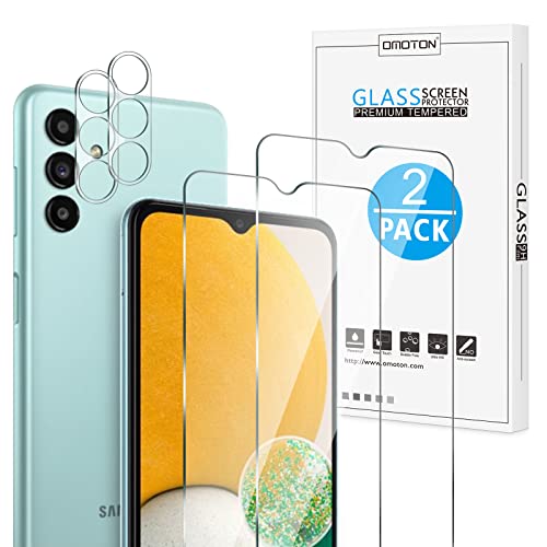 OMOTON [2+2 Pack] Designed for Samsung Galaxy A13 5G Screen Protector, 2 Pack Screen Protector + 2 Pack Camera Lens Protector, Tempered Glass/ 9H Hardness/Scratch Resistant
