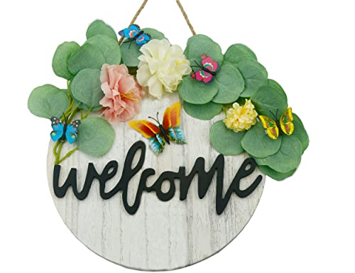 Spring and Summer Eucalyptus Wreath, Welcome Sign for Front Door Porch Decor, Farmhouse Wall Round Hanging Decoration for Classroom and Home Outdoor Indoor Decor, Mother’s Day and Housewarming Gift
