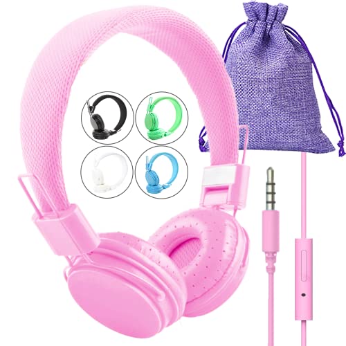 Headphones for Kids – Headset Boys Girls Ear Microphone Head Wired mic audiofonos Cord Jack 3.5 Plug for iPhone iPad Chromebook School Class Laptop Tablet Computer Kindle Pink Foldable Travel Volume