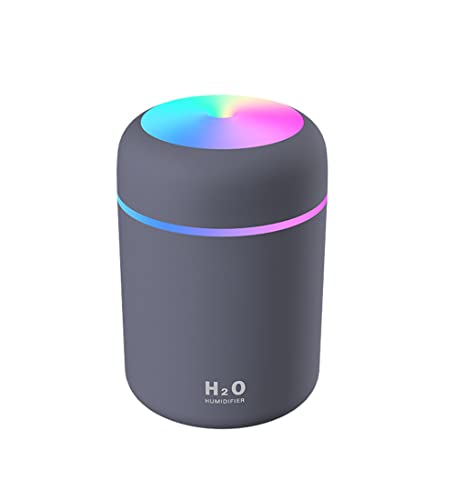Portable Mini Humidifier, 300ml Small Cool Mist Humidifier with Colorful LED Night Light, USB Personal Desktop Humidifier for Car Office Home Travel, Auto Shut-Off, 2 Mist Modes, Super Quiet(grey)
