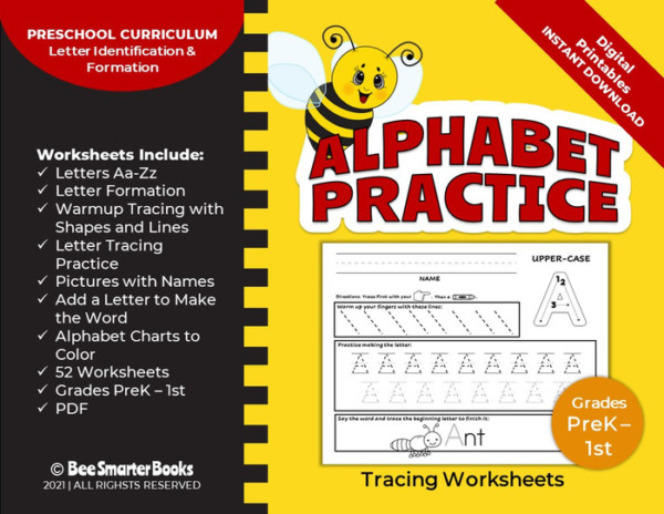 Alphabet Practice Tracing Worksheets | Preschool Curriculum Letter Identification & Formation | Grades PreK – 1st | Digital Printables Instant Download
