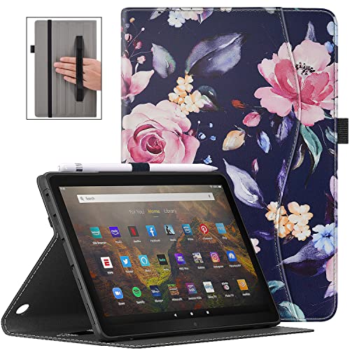 VORI Case for All-New Amazon Fire HD 10 Tablet (11th Generation 2021 Release) and Fire HD 10 Plus, Folding Stand TPU Cover with Auto Wake/Sleep & Hand Strap for Fire 10.1 Inch 2021, Flower Rose