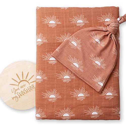 Miaoberry 100% Organic Cotton Baby Muslin Swaddle Blanket Set| Rust Boho Sunrays Sunset| Gender Neutral for Boys Girls|Hospital Newborn Receiving Blanket |Newborn Unisex
