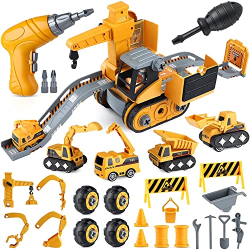 GIFTINBOX Take Apart Truck Toys for 3 4 5 6 Year Old Boys Girls, Toddler Toys Construction Cars for Kids Age 3-5, 34 Pieces Building Toy Birthday Gifts for Kids Boy Girl , Electric Drill