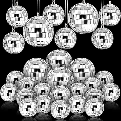 50 Pcs Disco Balls Ornaments Mini Disco Balls Silver Hanging Decorations Reflective Mirror Ball Cake Decoration 70s Disco Party Supplies for Christmas Festive(1.2 Inch, 2 Inch)