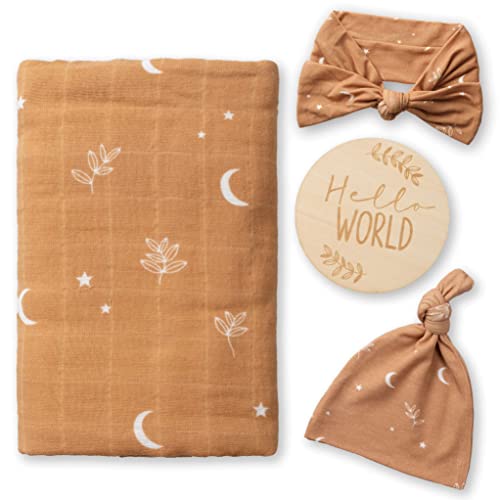 Miaoberry 100% Organic Cotton Baby Muslin Swaddle Blanket Set| Burnt Orange Boho Moon| Gender Neutral for Boys Girls|Moon Leaf| Hospital Newborn Receiving Blanket |Newborn Unisex