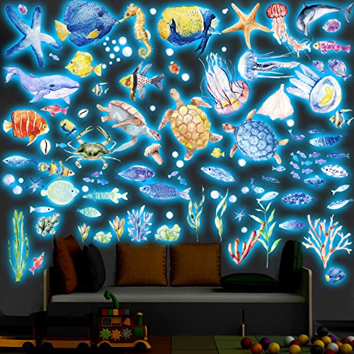 116 Pieces Glow in The Dark Under Ocean Wall Decals Sea Life Animals Wall Stickers Kids Wall Decals Removable Waterproof Peel and Stick for Boys Kids Bathroom