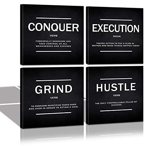 KAWAHONE Grind Hustle Execution Quotes Framed Wall Art,Success Canvas Print Office Decor Inspiring Framed Prints Inspirational Quotes for Wall Art Decoration Ready to Hang(4pcs)