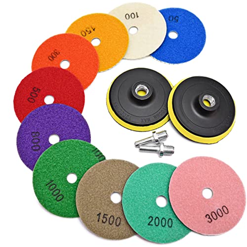 Diamond Wet/ Dry Polishing Pads with 2pcs Hook and 10pcs 4 inch Pads for Granite Stone Concrete Marble Floor Grinder or Polisher Diamond Polishing Pads