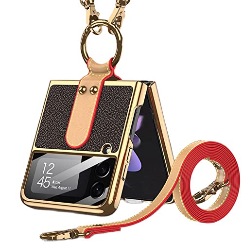 for Z Flip3 5G 2021 case with Ring Lanyard Strap Luxury Electroplated PU Leather Cover Compatible with Samsung Galaxy Z Flip 3 5G Case Built-in Screen Protector Phone Case (Gold+Brown)