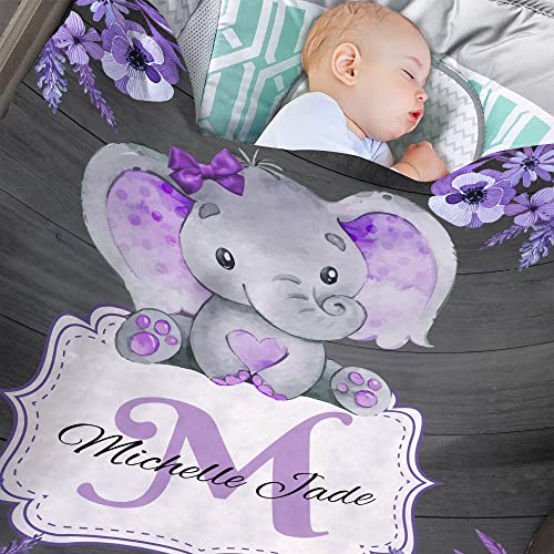 Custom Baby Blanket with Name for Baby Boy Girls，Personalized Purple Elephant Flower Design Soft Throws Blanket for Kids Toddler Swaddling Birthday Gifts