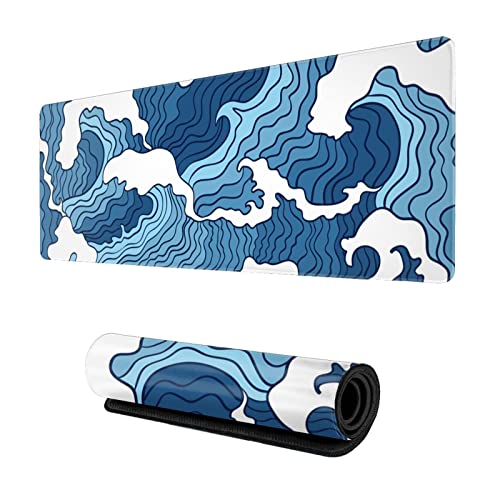 Japanese Blue and White Wave Gaming Mouse Pad XL, Non Slip Rubber Base Mousepad, Stitched Edges Desk Pad, Extended Large Mice Pad,31.5 X 11.8 Inch