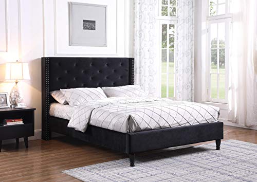 Home Life Premiere Classics Velour Black 51″ Tall Headboard Platform Bed Queen with Slats – 007